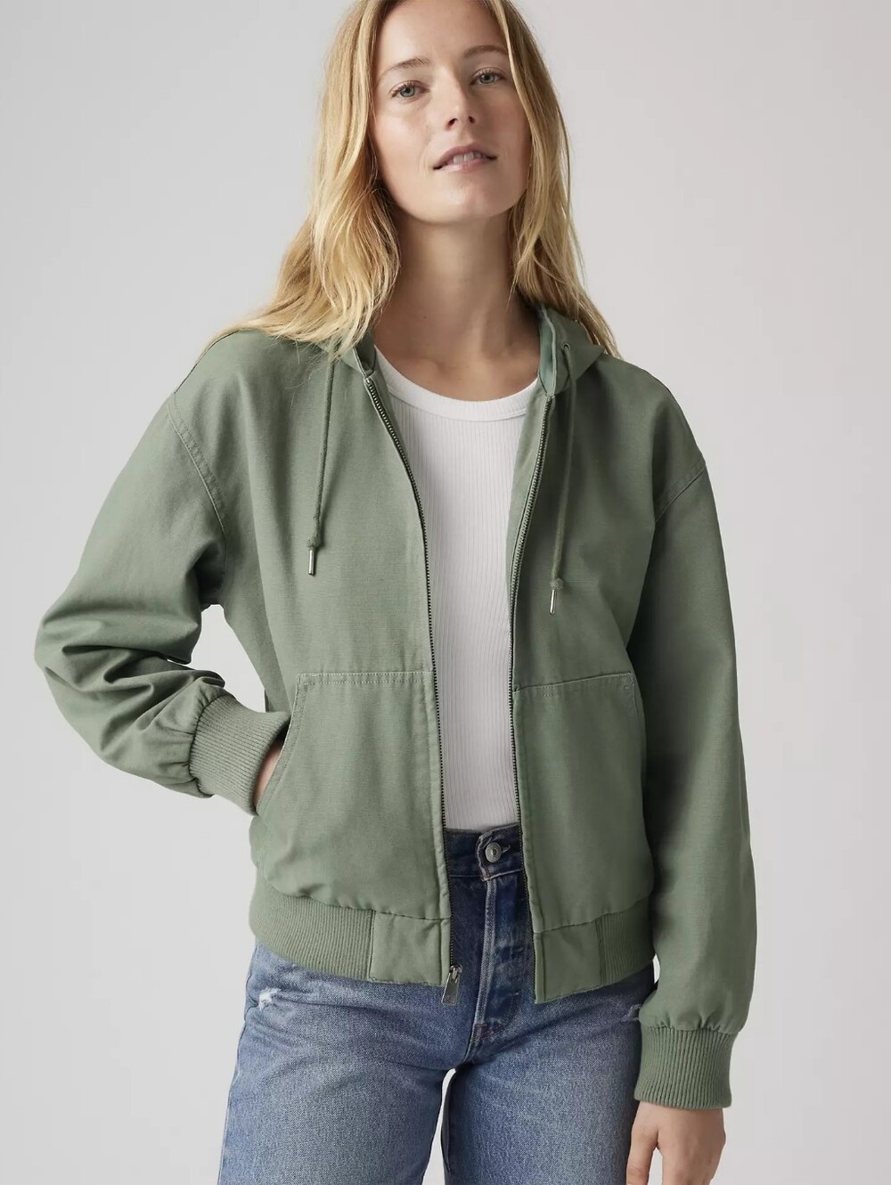 Levis Bomber Jacket Womens Large Green Relaxed Hooded Canvas Pockets Lined